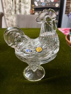 Polished Clear Crystal Rooster candy dish